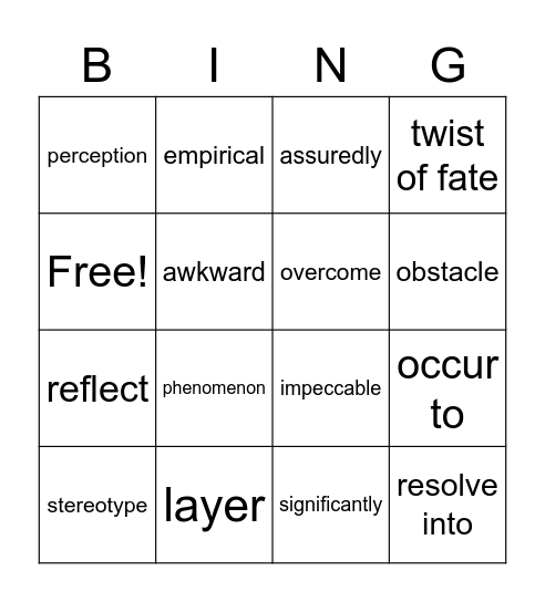 Identity Vocabulary Bingo Card