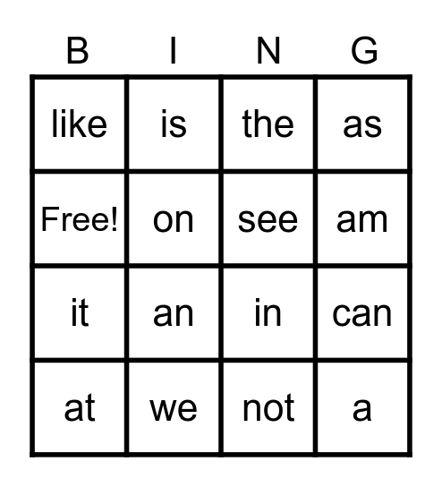 Sight Word Bingo Card