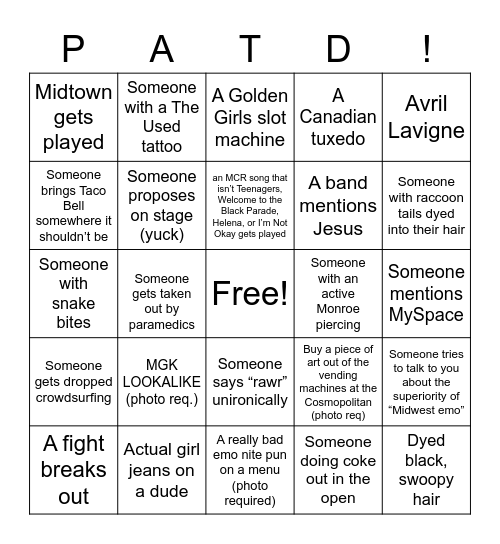 Reuben + Xtina Do Emo Nite Fest in Vegas Bingo Card