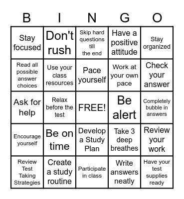 Study Skills Bingo Card