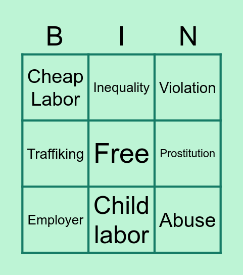 Exploitation of Labor Bingo Card