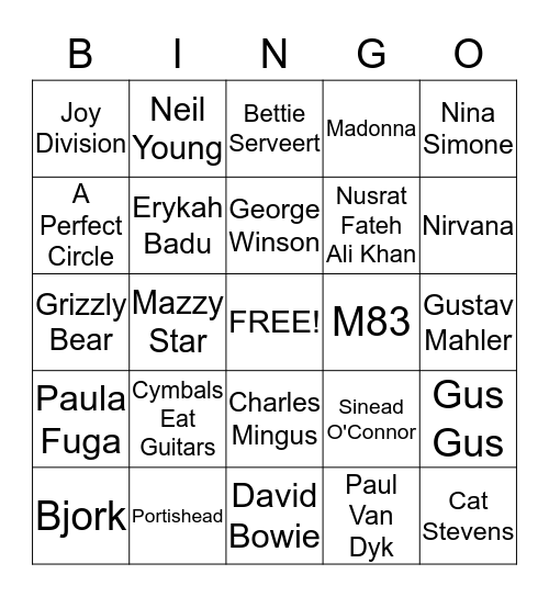 Musical Bingo à la Jeff Bingo Card