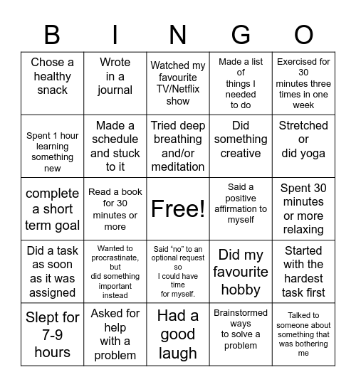 Stress Bingo Card