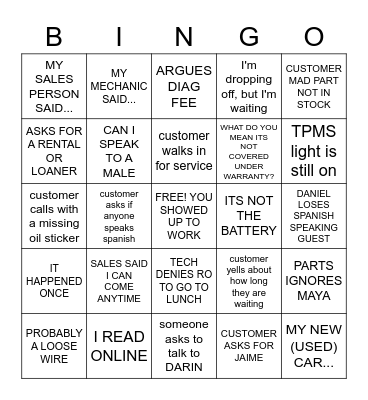 Dealership Bingo Card