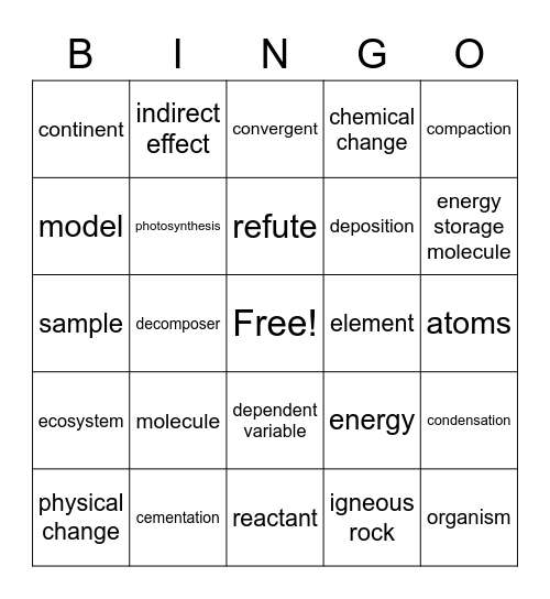 L to J 7th Grade Bingo Card