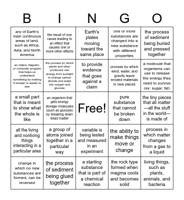 7th Grade Terms Bingo Card