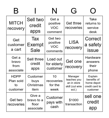 Home Depot Cashier Bingo Card