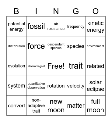 L to J 8th Grade Bingo Card