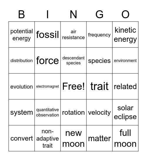 L to J 8th Grade Bingo Card