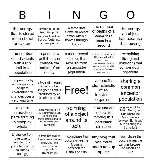 8th Grade Terms Bingo Card