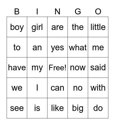 Sight Words BINGO Card