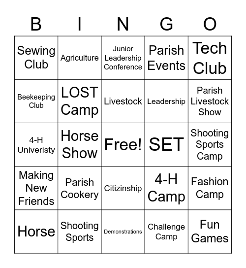 EBR 4-H Bingo Card