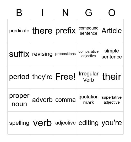 Writing Bingo Card