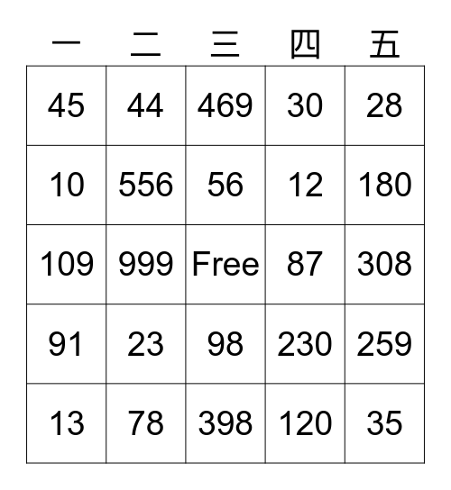 数字 Bingo Card
