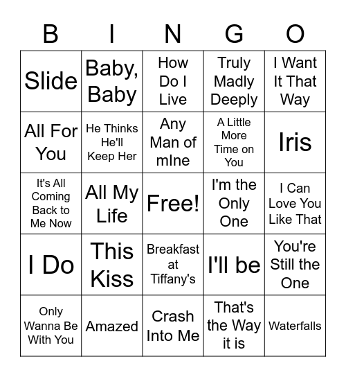 Gizmo Music Bingo - 90s Love Songs Bingo Card