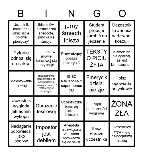 KŁAMCZUCHOWE BINGO DLA WIDZA Bingo Card