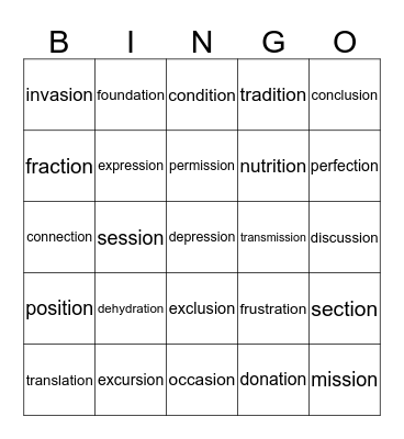 tion / sion Bingo Card