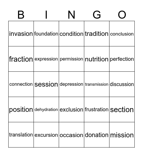 tion / sion Bingo Card