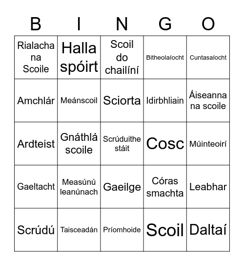 Biongó - An Scoil Bingo Card