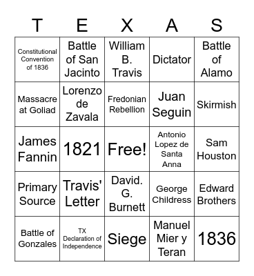 Texas Revolution BINGO Card