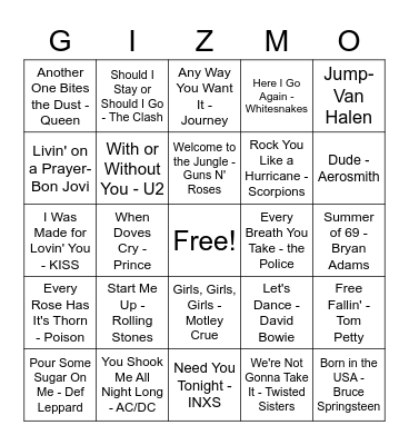 Gizmo Music Bingo - 80s Rock Anthems Bingo Card