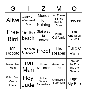 Songs over 5 Minutes Bingo Card
