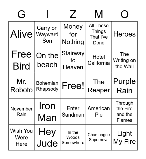 Songs over 5 Minutes Bingo Card