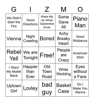 Songs by Billy Bingo Card