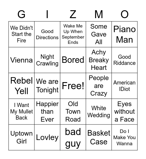 Songs by Billy Bingo Card