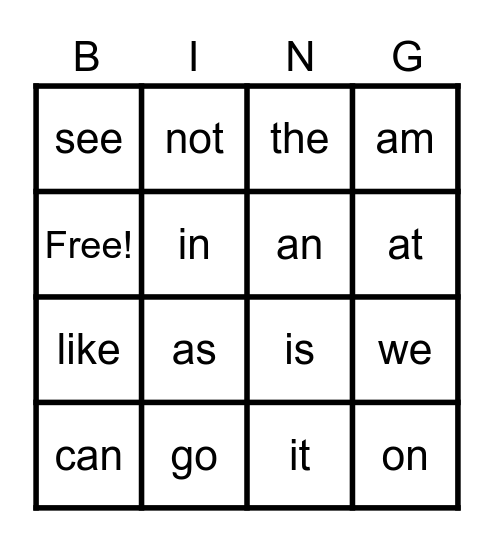 Sight Word Bingo Card