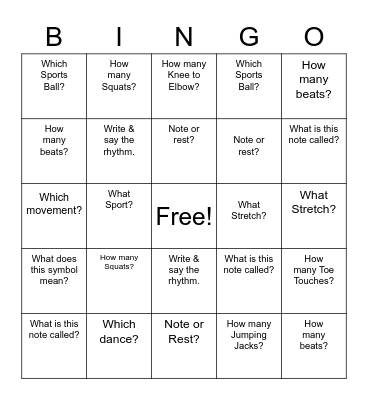 PE & Music Bingo Card