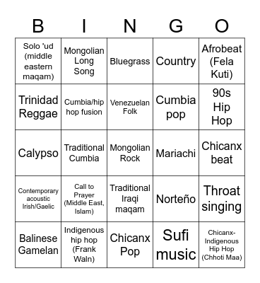 CC100 & 120 Music Genres Bingo Card