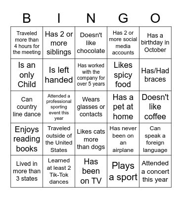 Ice breaker Bingo Card