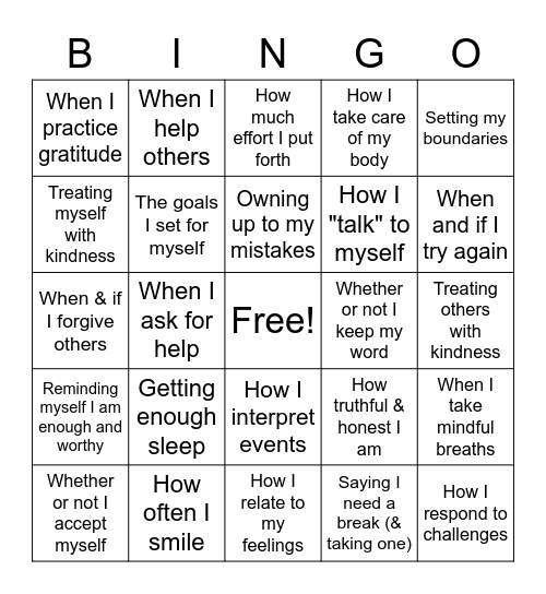 Things I Can Control Bingo Card