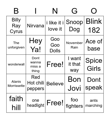 Musical Genre 90's Bingo Card
