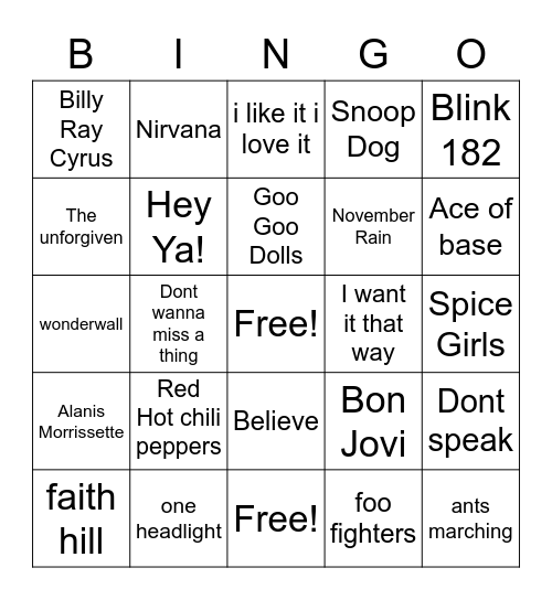 Musical Genre 90's Bingo Card