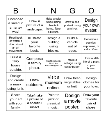 Southwest Remote Learning ART Bingo Card