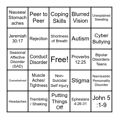 Mental Health Bingo Card