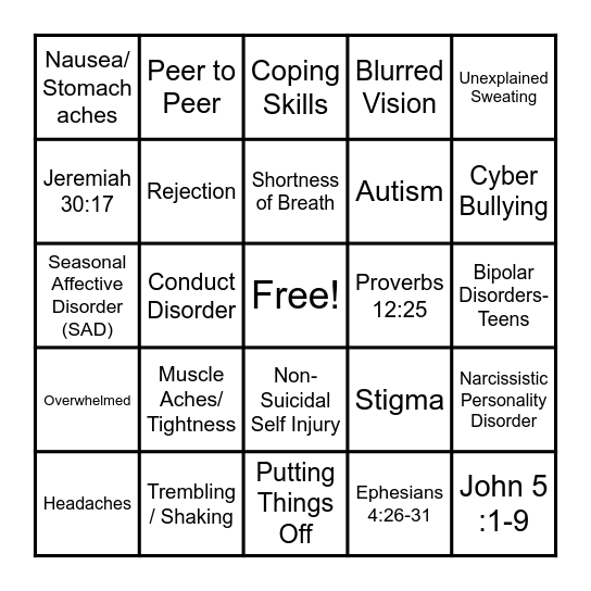 Mental Health Bingo Card