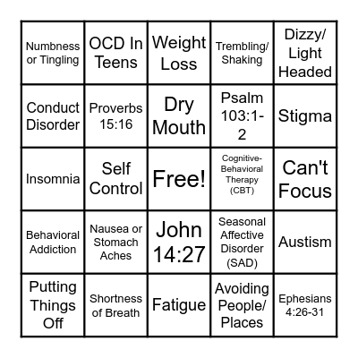 Mental Health Bingo Card