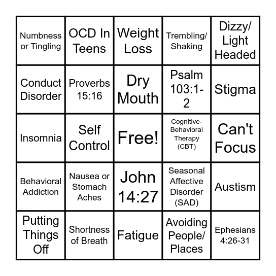 Mental Health Bingo Card