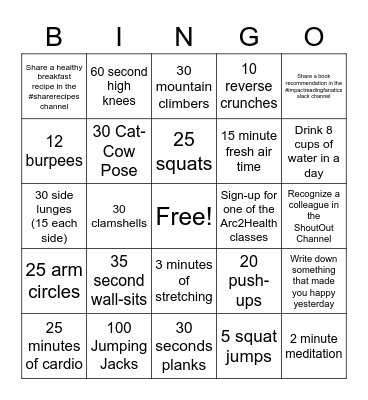 Tuesday Health Bingo Card
