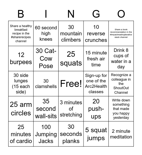 Tuesday Health Bingo Card