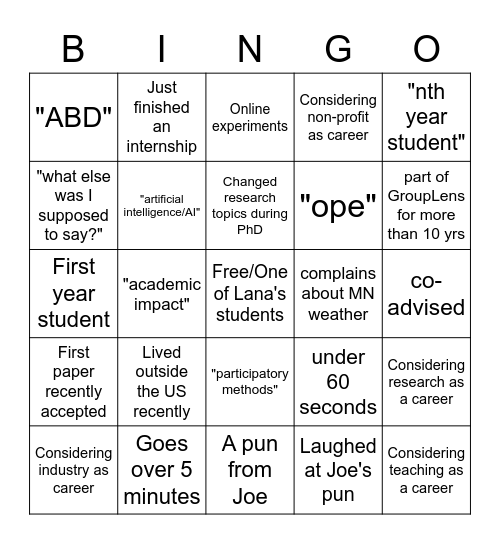 GroupLens Introductions Bingo Card