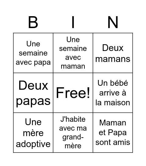 "Une famille c'est Une Famille" Bingo Card