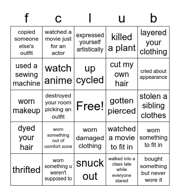 Never have I Ever Bingo Card