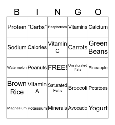 Nutrition Bingo  Bingo Card