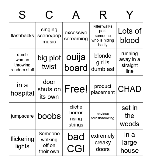 Horror movie bingo Card