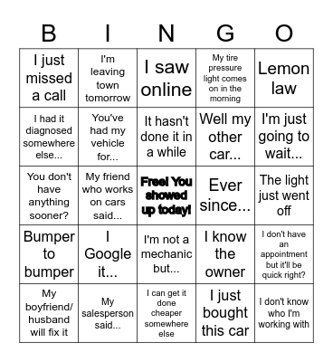 Service Advisor Bingo Card