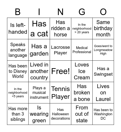 Neighborhood Bingo! Bingo Card